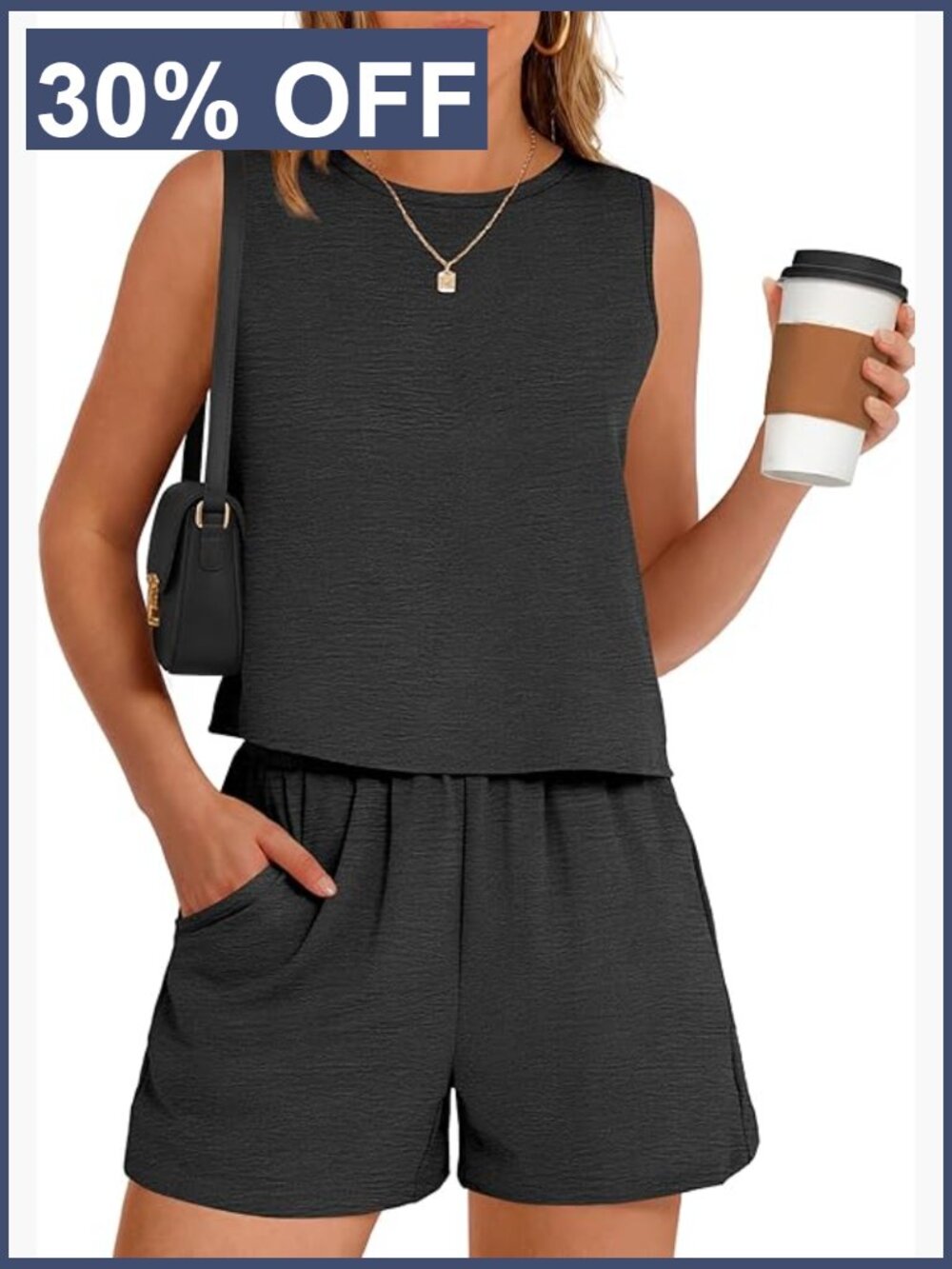 Sleeveless Tank Top and Shorts Lounge Set, Polyester, Regular Fit, Size L